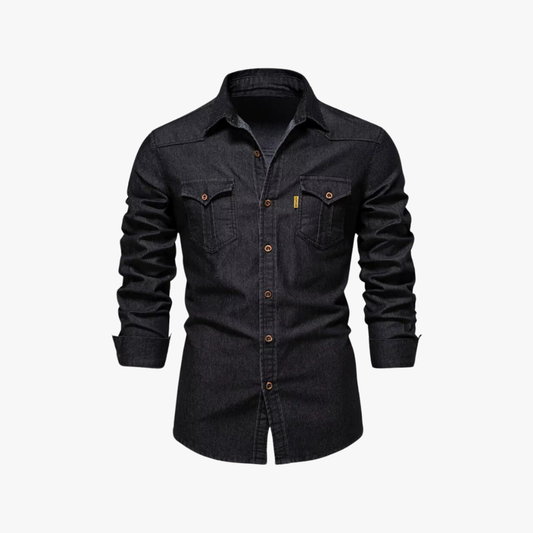 Casual Denim Shirt for Men – Button-Down, Spread Collar, 2 Chest Pockets, Durable Denim, Casual Wear