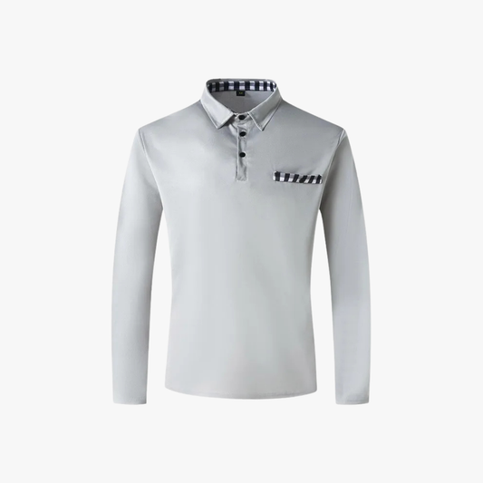Men’s Long Sleeve Polo Shirt – Button Collar, Black with Checkered Trim, Smart-Casual Cotton Blend